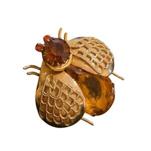 Vintage Gold Tone Amber Glass Rhinestone Bee Beetle Insect Brooch Pin